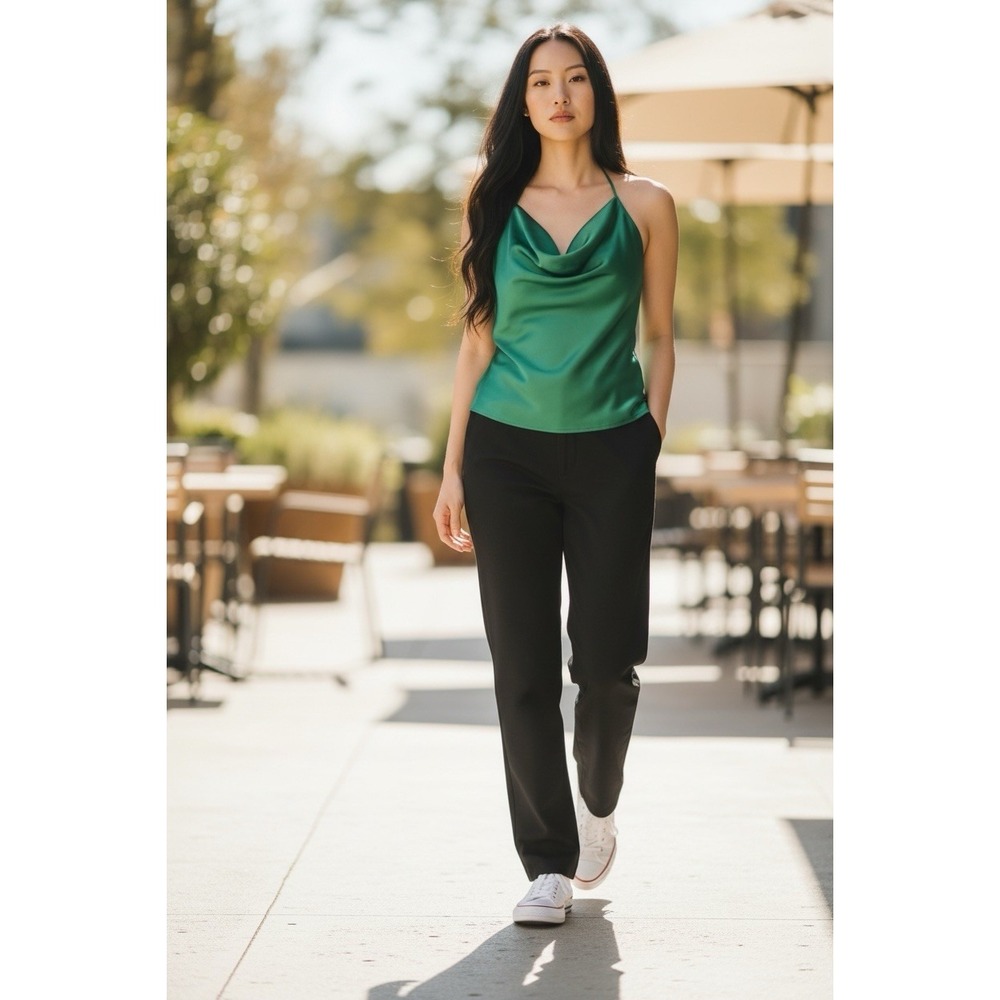 Lulus Green Satin Halter Top‎ Cowl Neck Size M Sleeveless